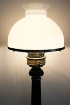 Black and Gold Enameled Vintage Desk or Table Lamp With Milk Glass Shade