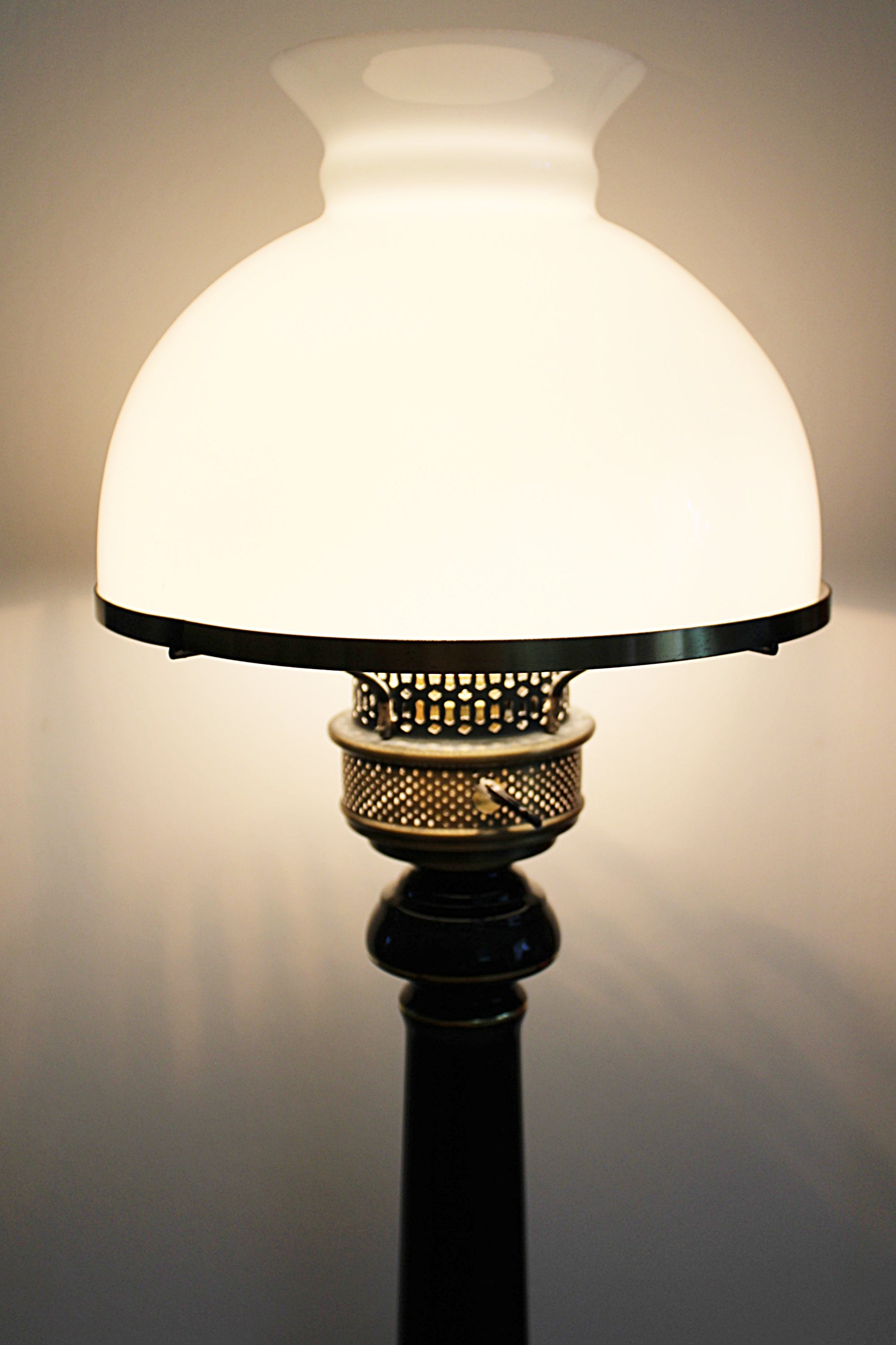 Black and Gold Enameled Vintage Desk or Table Lamp With Milk Glass Shade