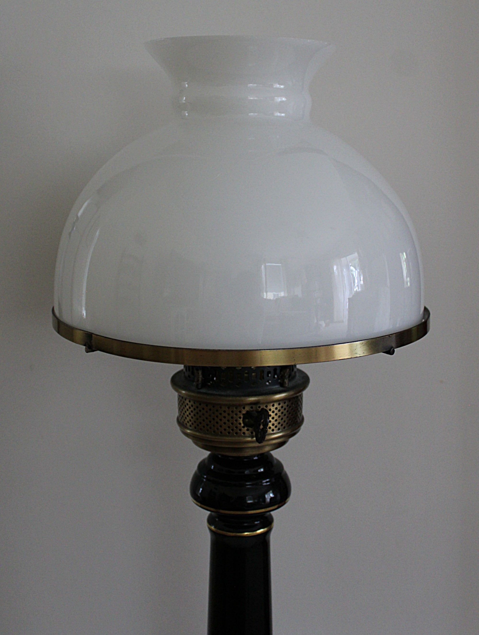 Black and Gold Enameled Vintage Desk or Table Lamp With Milk Glass Shade