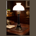 Black and Gold Enameled Vintage Desk or Table Lamp With Milk Glass Shade